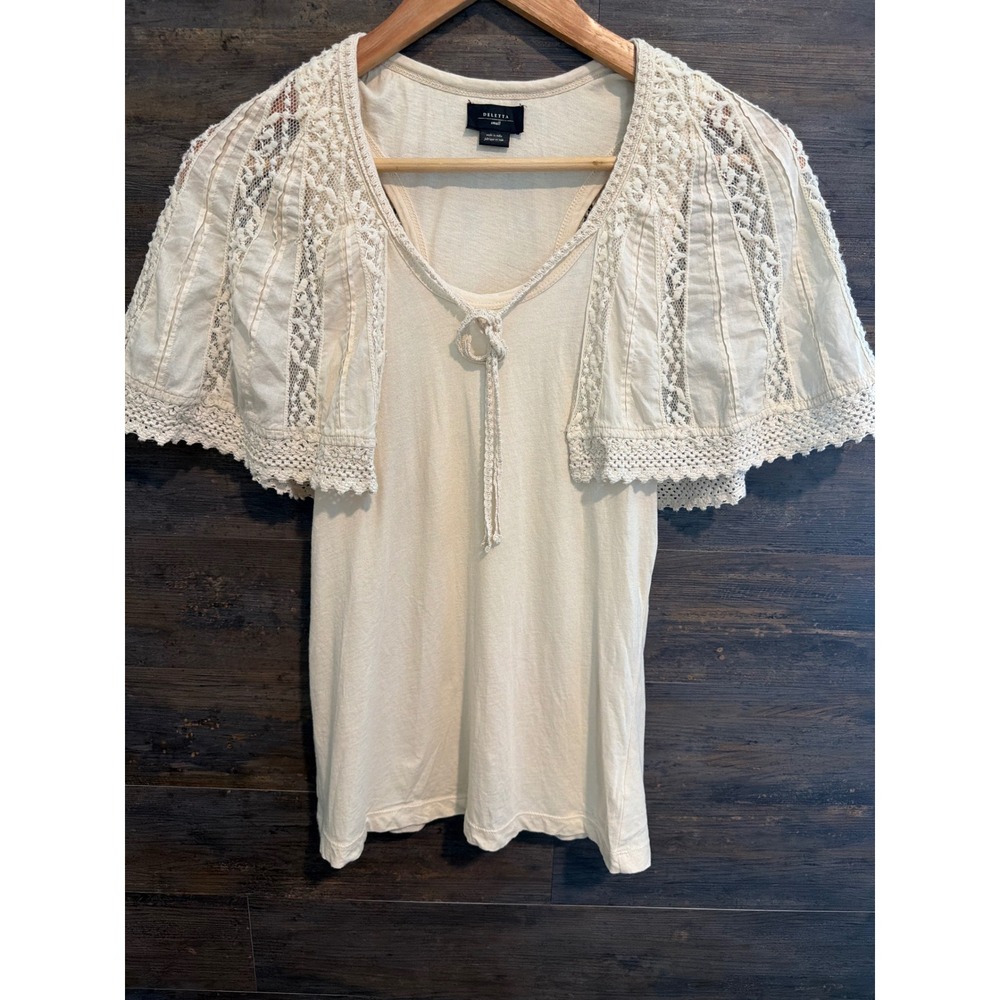 Anthropologie Deletta Cream Crochet Lace Capelet Knit Top Small Boho Victorian